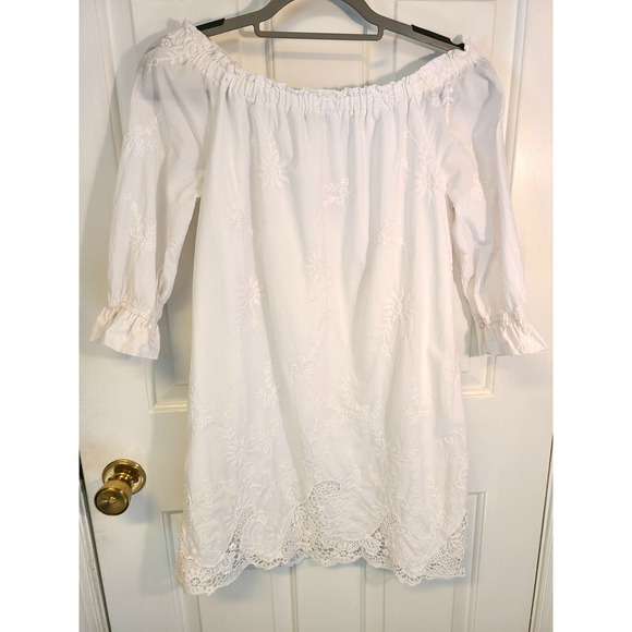 Ambercrombie Dress Womens Sz Sm White Off Shoulder Floral Embroidery Peasant - Picture 5 of 8